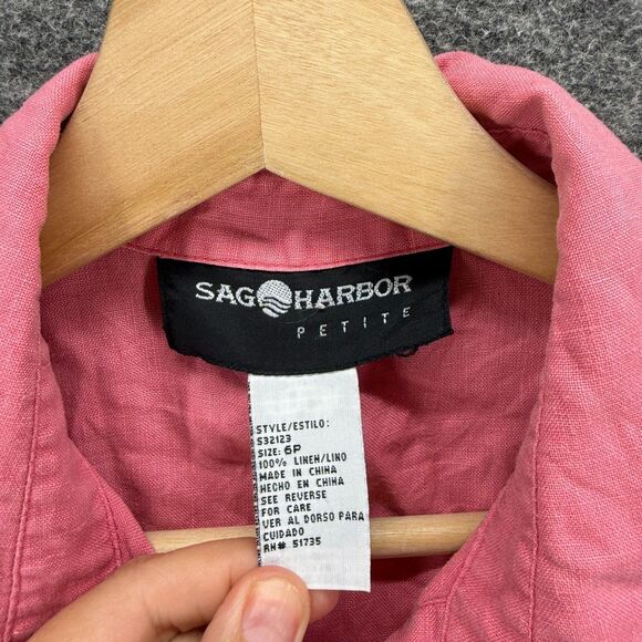 Sag Harbor Shirt Women 6P Petite Pink Button Up Collared Short Sleeve Linen - Picture 3 of 6